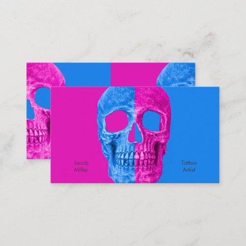 Gothic Half Skull Head Neon Blue Pink Tattoo Shop Business Card