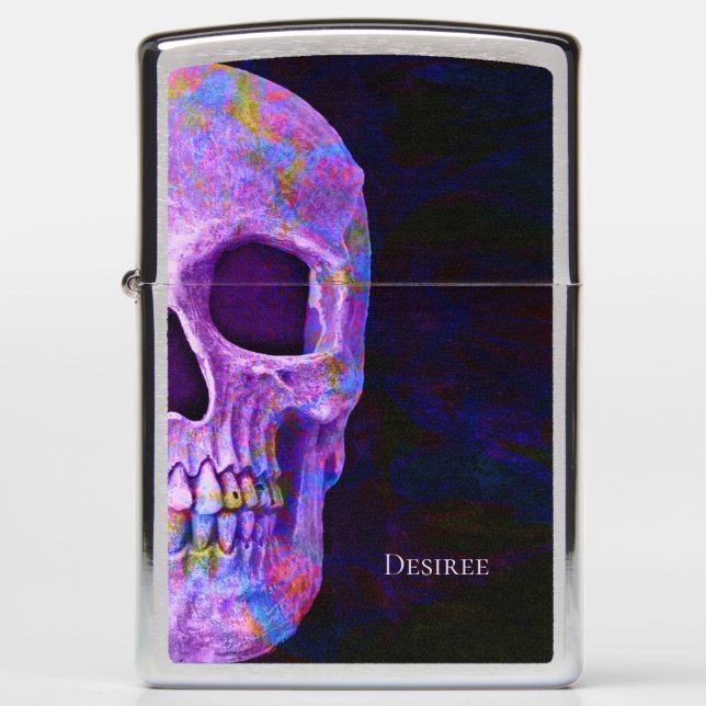 Gothic Half Skull Head Purple Blue Texture Zippo Lighter (Front)