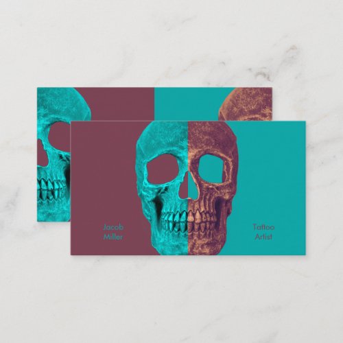 Gothic Half Skull Head Teal Brown Tattoo Shop Business Card