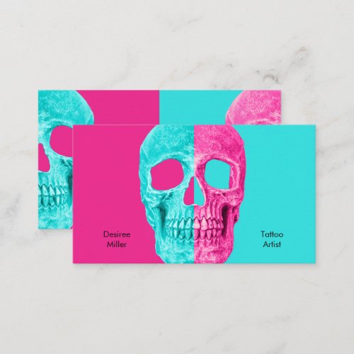 Gothic Half Skull Head Teal Pink Tattoo Shop Business Card