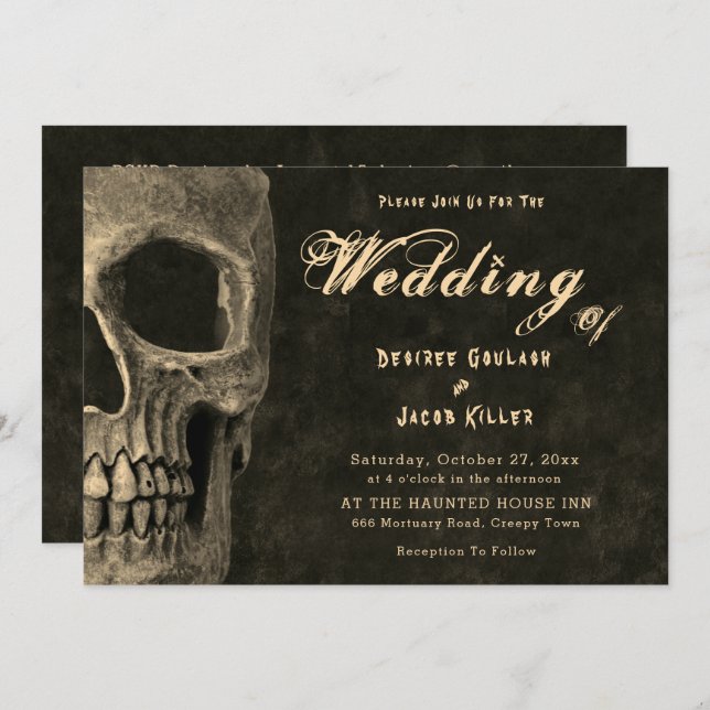Gothic Half Skull Head Vintage Sepia Hallowedding Announcement (Front/Back)