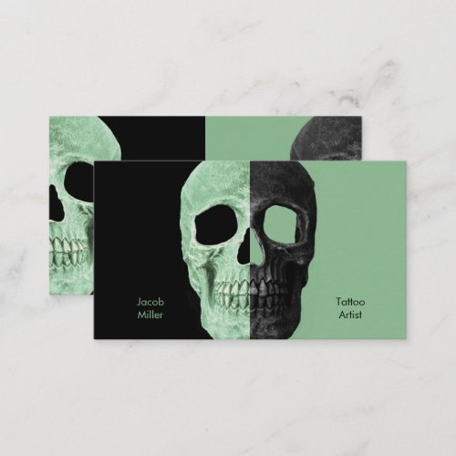 Gothic Half Skull Heads Green Black Tattoo Shop Business Card