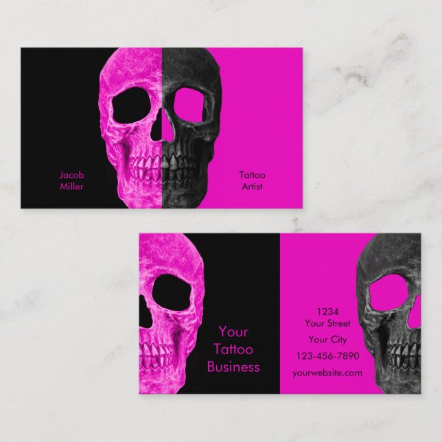 Gothic Half Skull Heads Pink Black Tattoo Shop Business Card (Front/Back)
