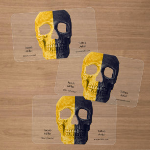 Gothic Half Skull Heads Yellow Black Tattoo Shop Clear Business Cards