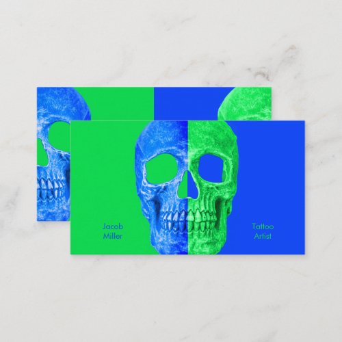 Gothic Half Skull Neon Green Blue Tattoo Shop Business Card