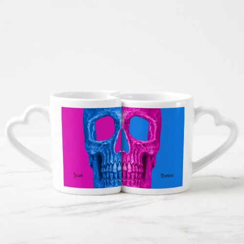 Gothic Half Skull Neon Pink Blue Cool Grunge Coffee Mug Set