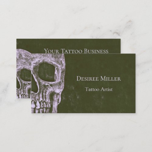 Gothic Half Skull Olive Green Grunge Tattoo Artist Business Card