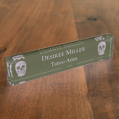 Gothic Half Skull Olive Green Grunge Tattoo Artist Desk Name Plate