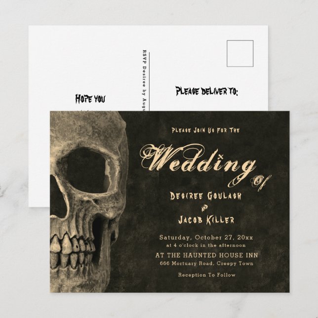 Gothic Half Skull Sepia Vintage Hallowedding Invitation Postcard (Front/Back)
