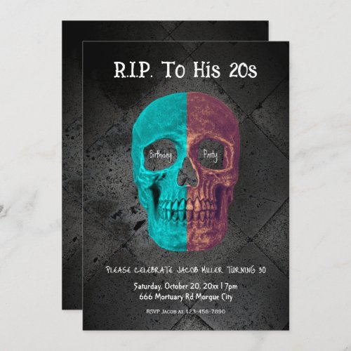 Gothic Half Skull Teal Black RIP To His 20s Invitation