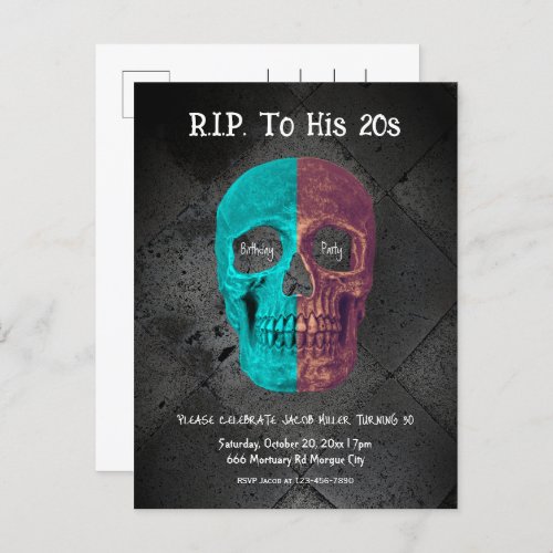 Gothic Half Skull Teal Black RIP To His 20s Invitation Postcard