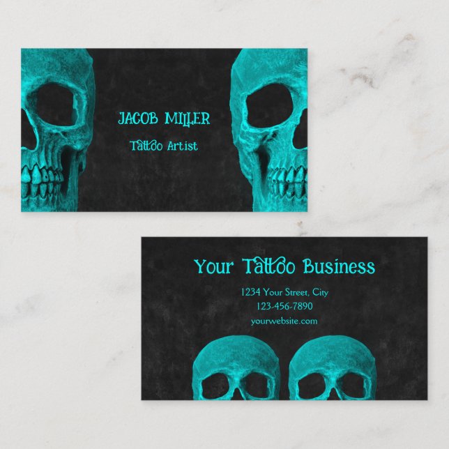 Gothic Half Skull Teal Black Tattoo Artist Business Card (Front/Back)