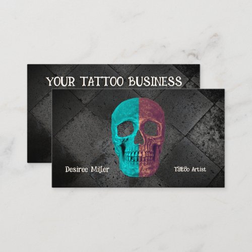 Gothic Half Skull Teal Black Tattoo Shop Business Card