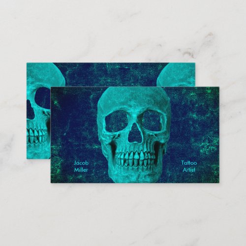 Gothic Half Skull Teal Blue Texture Tattoo Shop Business Card
