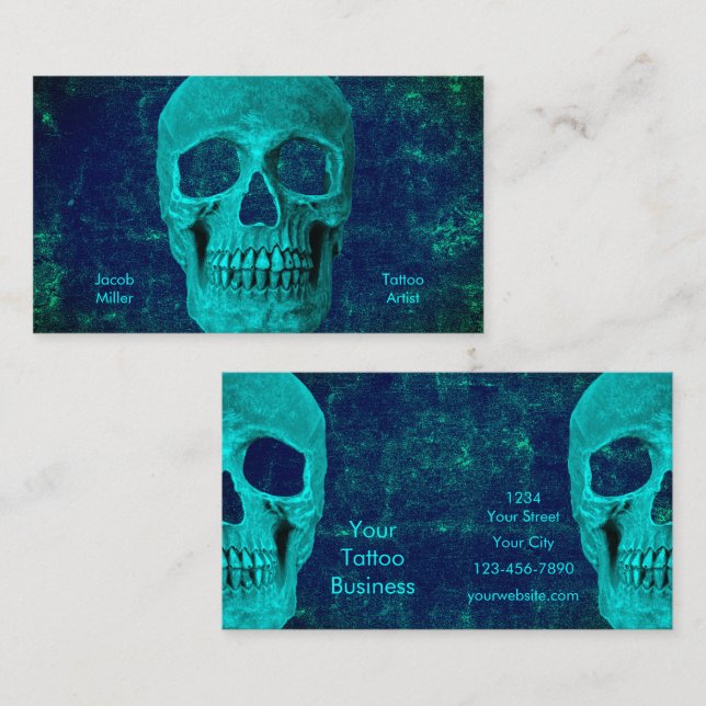 Gothic Half Skull Teal Blue Texture Tattoo Shop Business Card (Front/Back)