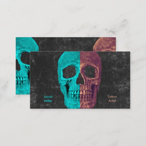 Gothic Half Skull Teal Brown Black Texture Tattoo Business Card