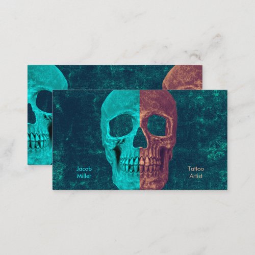 Gothic Half Skull Teal Brown Texture Tattoo Shop Business Card