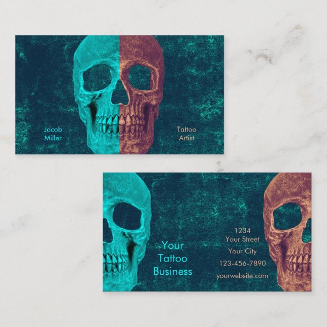 Gothic Half Skull Teal Brown Texture Tattoo Shop Business Card (Front/Back)