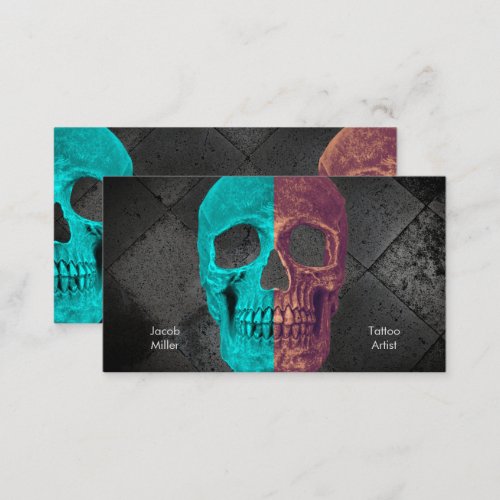 Gothic Half Skull Texture Teal Brown Tattoo Shop Business Card