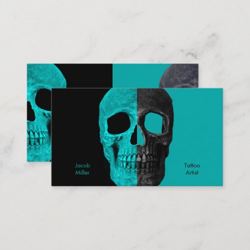 Gothic Half Skulls Teal Black Tattoo Shop Business Card