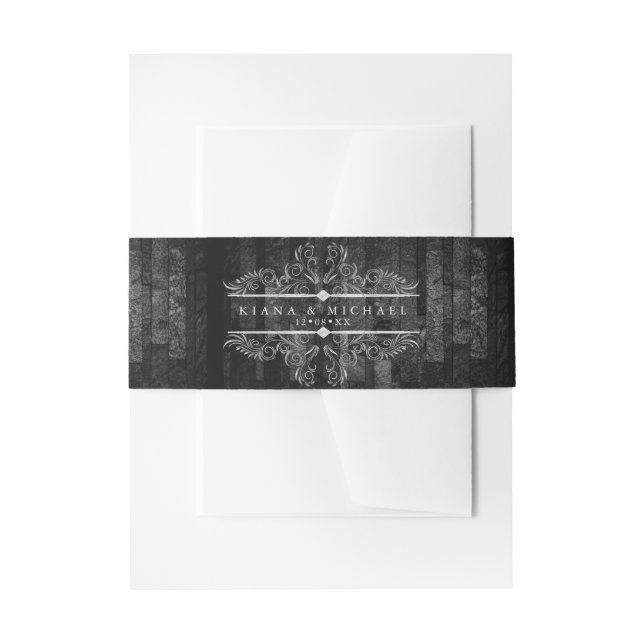 Gothic Hallowedding Scrollwork B&W ID866 Invitation Belly Band (Front Example)