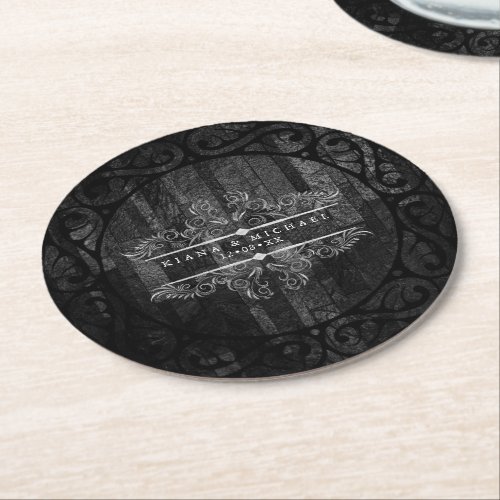 Gothic Hallowedding Scrollwork BW ID866 Round Paper Coaster