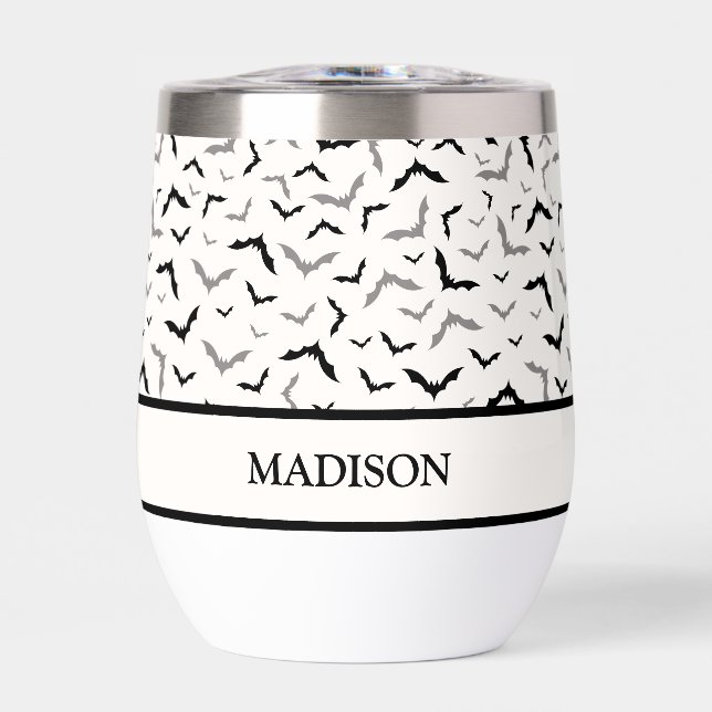 Gothic Halloween Black Bat Wedding Thermal Wine Tumbler (Front)