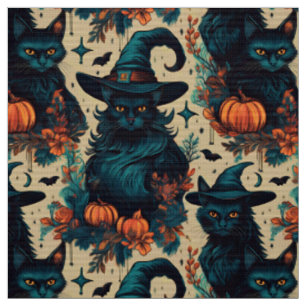 Gothic halloween black cat witch pattern fabric