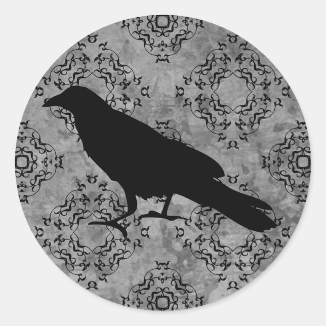 Gothic Halloween black crow raven on gray Classic Round Sticker (Front)