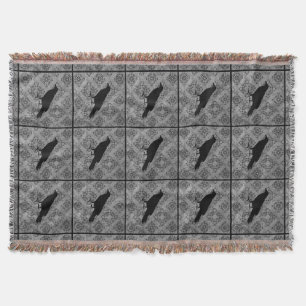 Gothic Halloween black crow raven on gray Throw Blanket