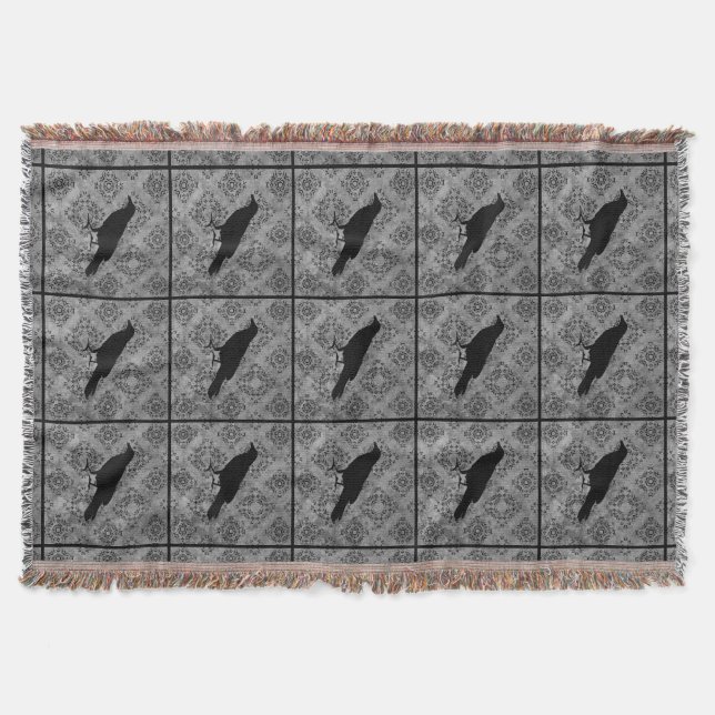 Gothic Halloween black crow raven on gray Throw Blanket (Front)