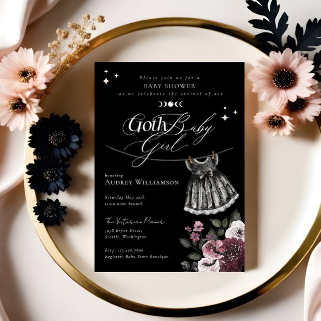 Gothic Halloween Black Dress Goth Girl Baby Shower Invitation (Gothic Halloween Black Dress Goth Girl Baby Shower Invitation (Front))
