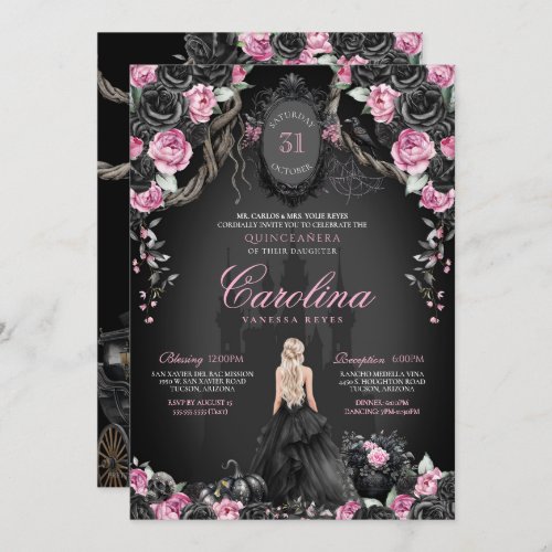 Gothic Halloween Black Pink Princess Quinceanera  Invitation