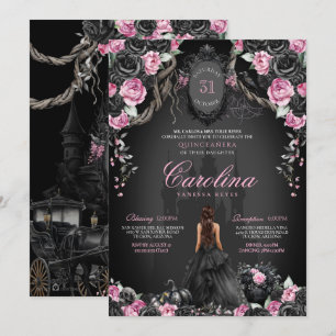 Gothic Halloween Black Rose & Pink Quinceañera Invitation