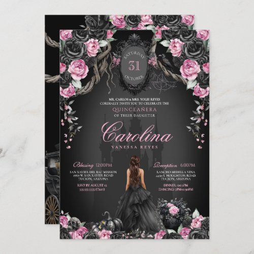 Gothic Halloween Black Rose  Pink Quinceaera Invitation