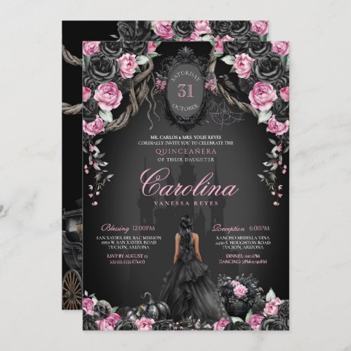 Gothic Halloween Black Rose Princess Quinceaera Invitation