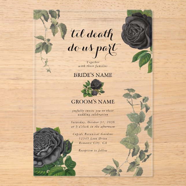 Gothic Halloween Black Roses Clear Wedding Acrylic Invitations (Front)