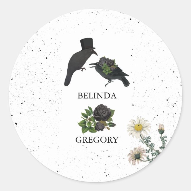 Gothic Halloween Black Roses Crows Wedding Classic Round Sticker (Front)