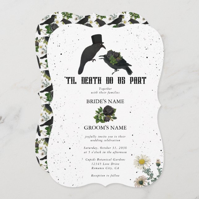 Gothic Halloween Black Roses Crows Wedding Invitation (Front/Back)