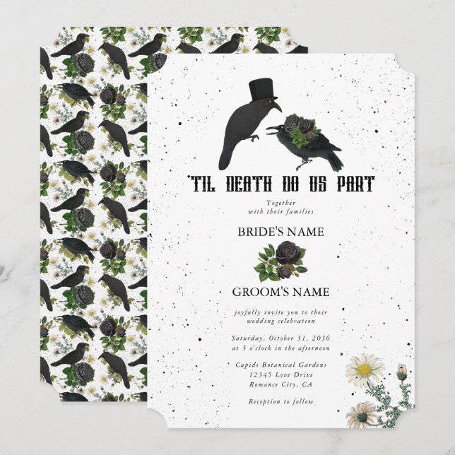 Gothic Halloween Black Roses Crows Wedding Invitation (Front/Back)