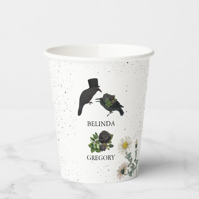 Gothic Halloween Black Roses Crows Wedding Paper Cups (Left)