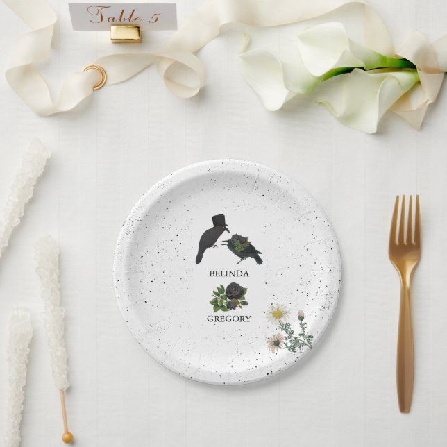 Gothic Halloween Black Roses Crows Wedding Paper Plates (Wedding)