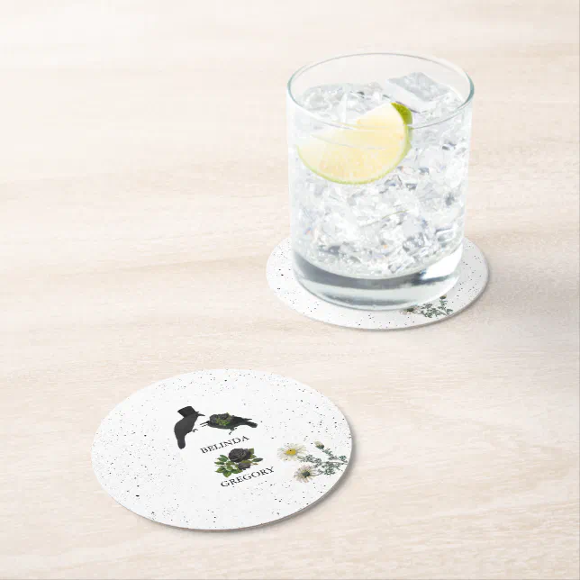 Gothic Halloween Black Roses Crows Wedding Round Paper Coaster | Zazzle
