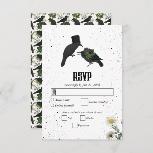 Gothic Halloween Black Roses Crows Wedding RSVP Card