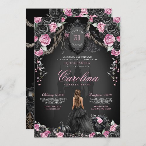 Gothic Halloween Black Roses Pink Quinceaera Invitation