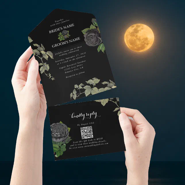 Gothic Halloween Black Roses Wedding All In One Invitation | Zazzle