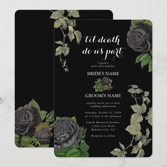 Gothic Halloween Black Roses Wedding Invitation (Front/Back)