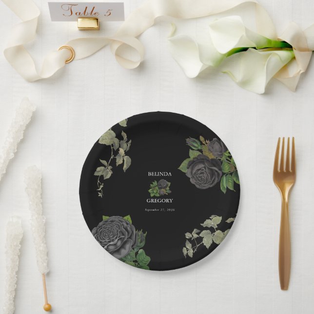 Gothic Halloween Black Roses Wedding Paper Plates (Wedding)