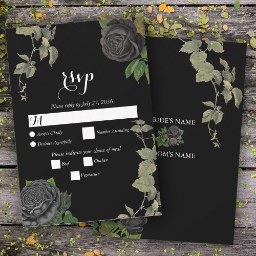 Gothic Halloween Black Roses Wedding RSVP Card