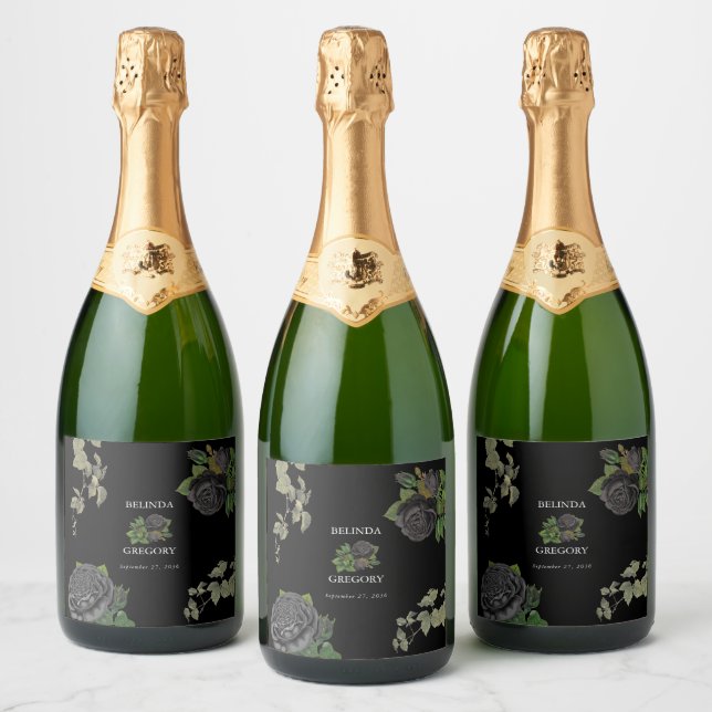 Gothic Halloween Black Roses Wedding Sparkling Wine Label (Bottles)